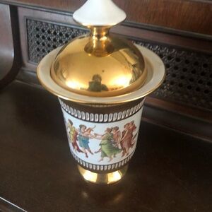 Italian Hand Painted Decorative Porcelain Lidded Urn with Classical Figure Band